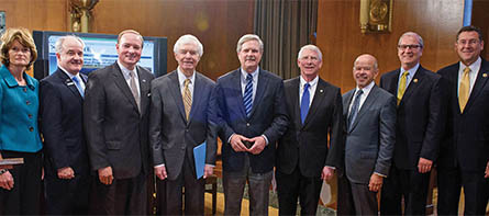 Members of the U.S. Senate and House of Representatives met May 14 in Washington, D.C., for a news conference to discuss the next steps and goals for the newly-named Unmanned Aerial Systems Center of Excellence. Included in the press conference were, from left, Sen. Lisa Murkowski (R-Alaska); retired Maj. Gen. James Poss, U.S. Air Force, ASSURE UAS executive director; President Mark E. Keenum, Mississippi State University; Sen. Thad Cochran (R-Miss.); Sen. John Hoeven (R-N.D.); Sen. Roger Wicker (R-Miss); FAA Administrator Michael Huerta; Rep. Kevin Cramer (R-N.D.); and Rep. Gregg Harper (R-Miss).