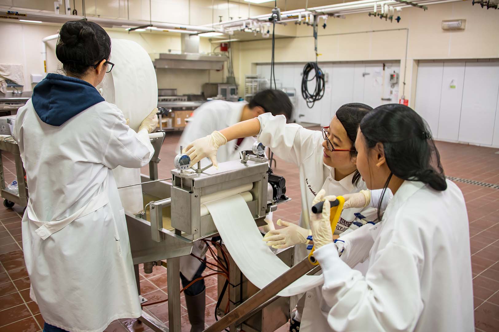 Giselle Lima, an intern from the University of Sao Paulo, Brazil, feeds nets into a food grade solution while research associate Yan Campbell and undergraduate student Virell To pull it through a wet processing machine in the Ammerman-Hearnsberger Pilot Food Processing Plant. The food science, nutrition and health promotion staff and students are working with a commercial dry cured ham facility for a research trial.  (Photo by David Ammon)