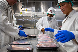 scientists looking over retail display of meat